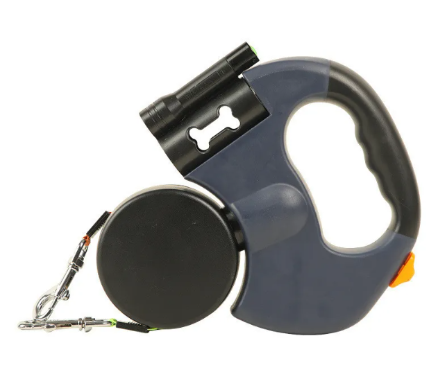 Gray retractable double dog leash with two leads