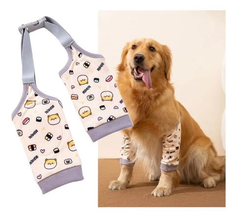 Dog wearing cream print protective leg sleeves