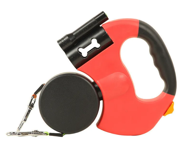 Red retractable double dog leash with two leads