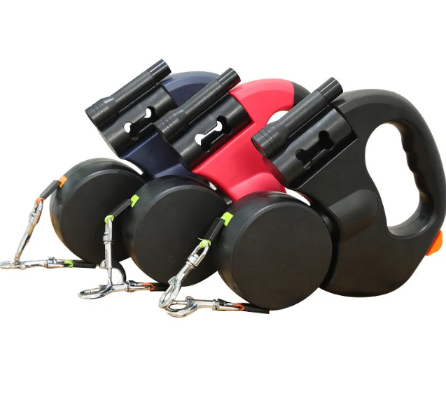 Black, red and gray retractable double dog leashes