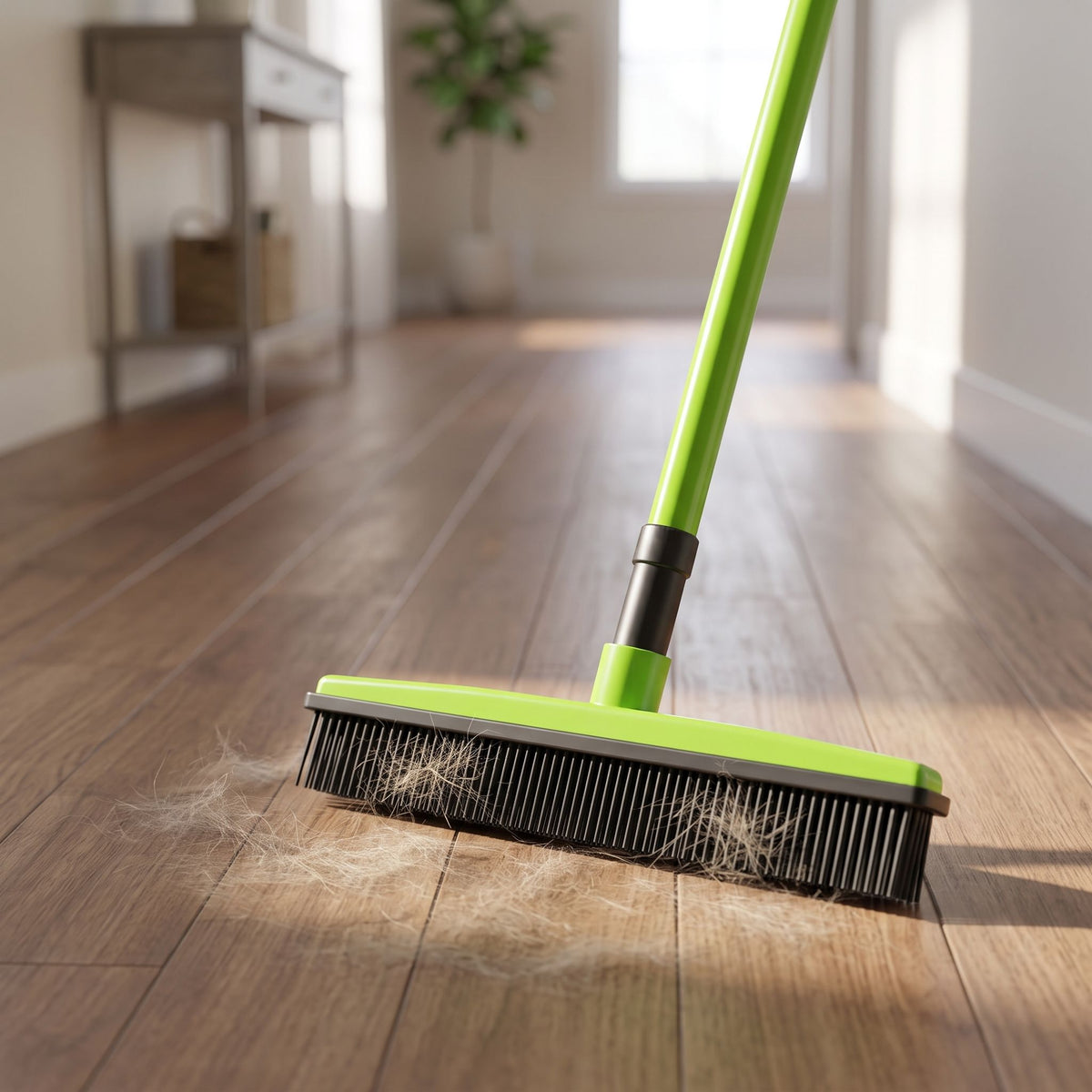 Angled shot of pet hair removal broom mop on hardwood in a hallway, with pet fur visible on the rubber bristles.