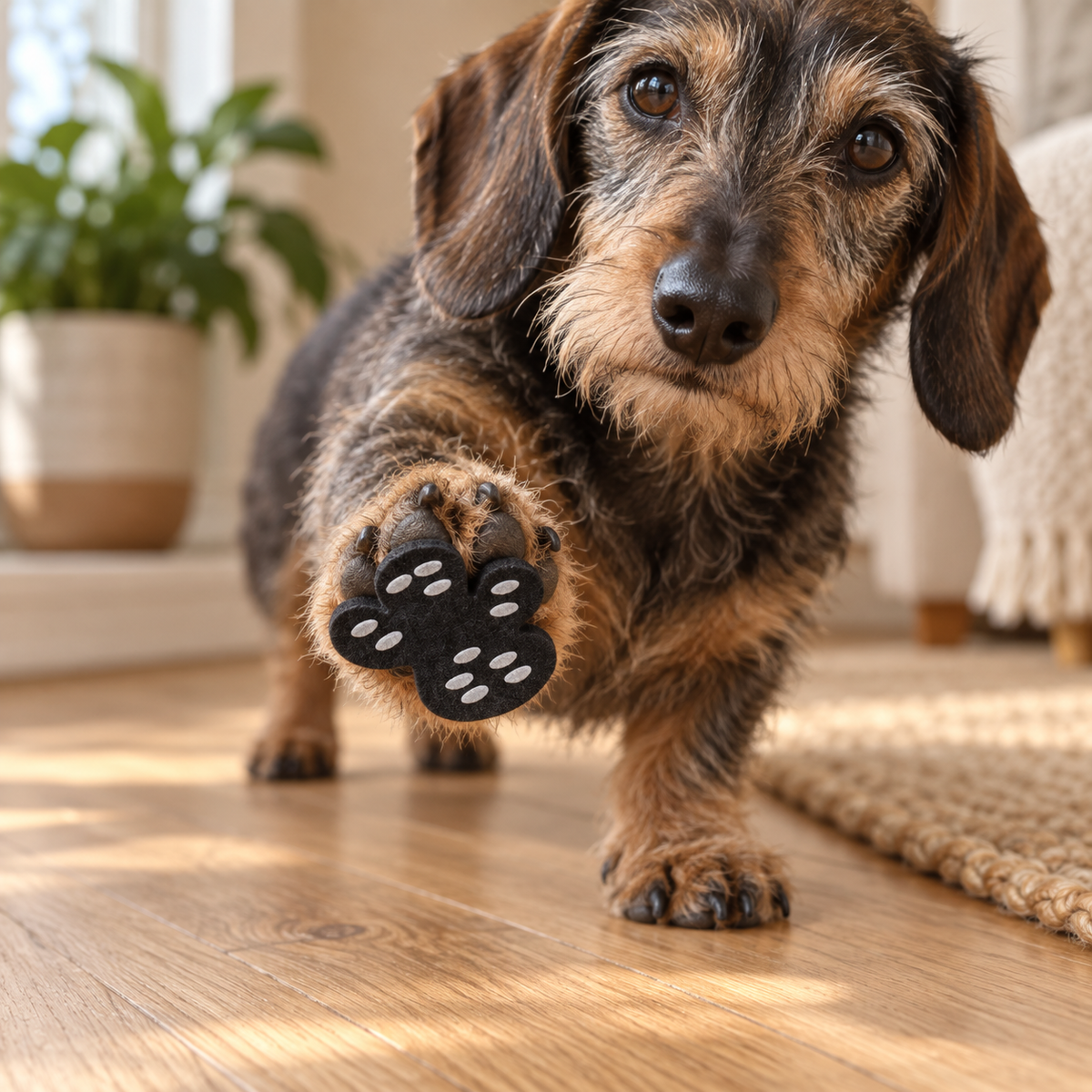 Wire-haired dachshund showing black self-adhesive anti-slip paw pad on a wooden floor
