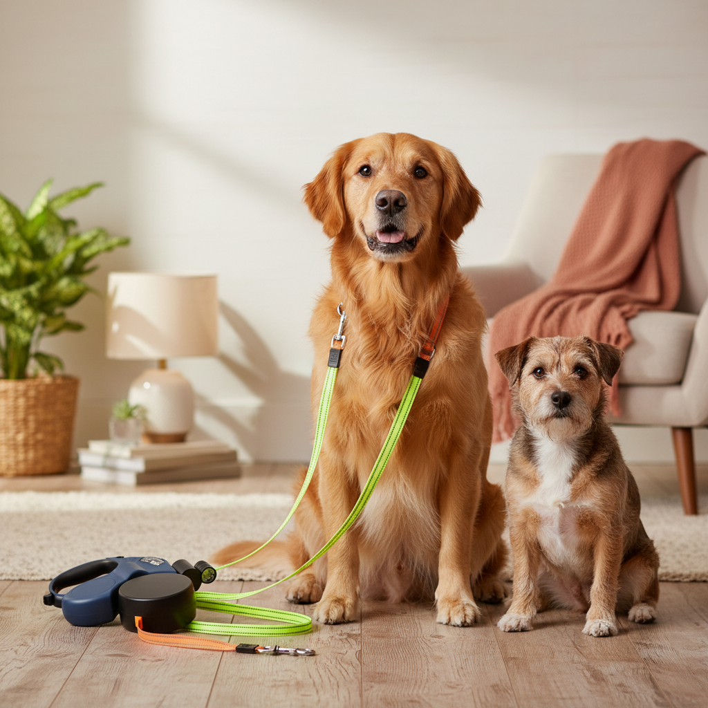 Two small dogs beside a black retractable double dog leash indoors