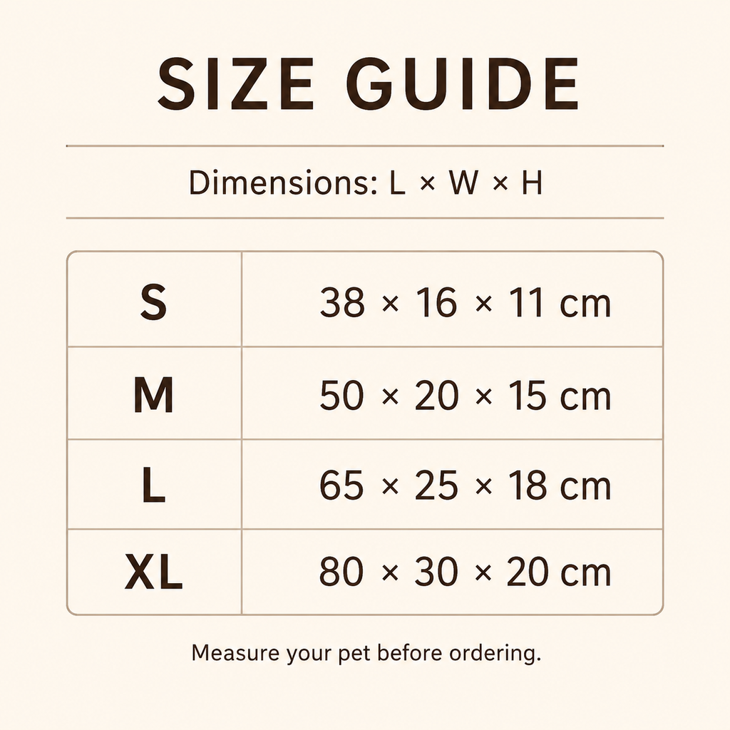 Banana-shaped pet bed size guide in centimeters