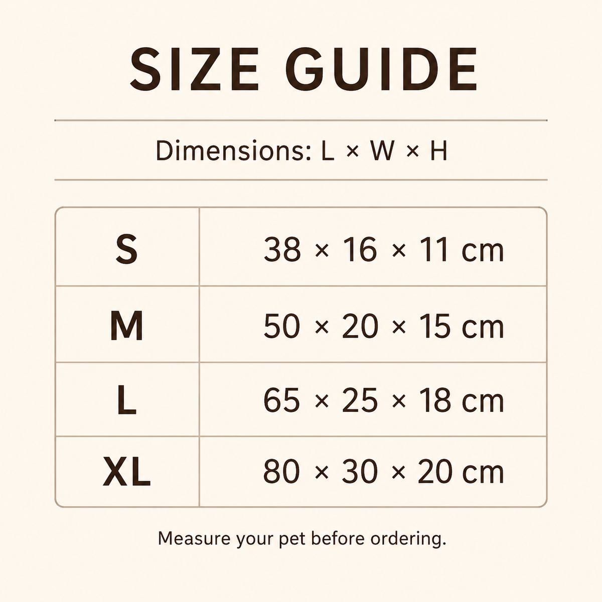 Banana-shaped pet bed size guide in centimeters