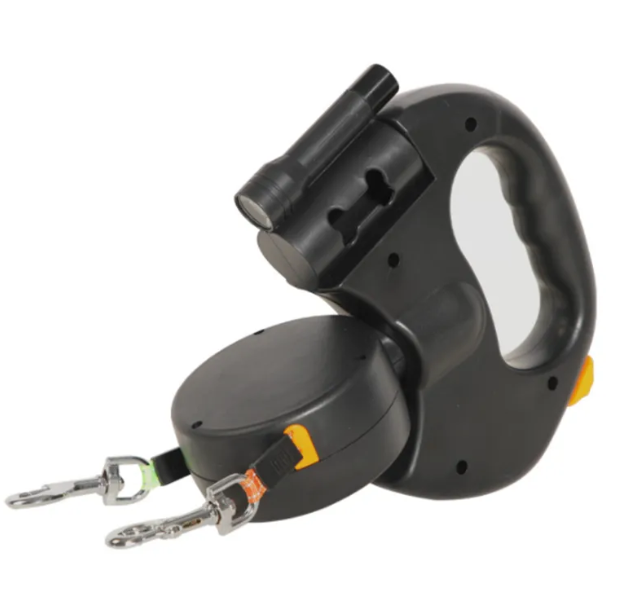 Black retractable double dog leash with two leads