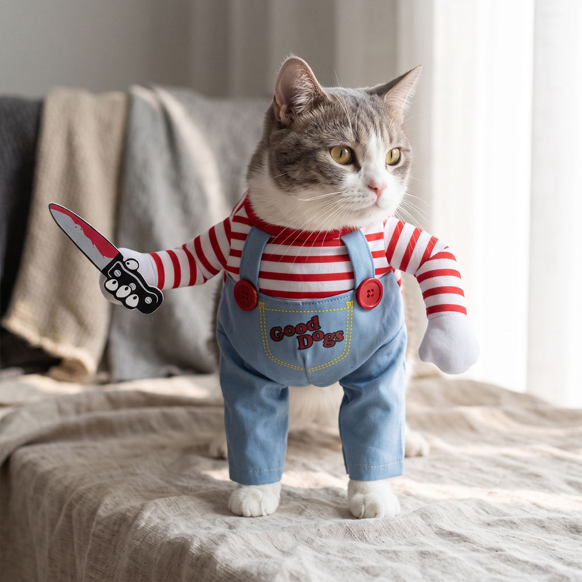 A cat wearing a blue denim-look overall costume set with red and white striped sleeves on a neutral fabric surface.
