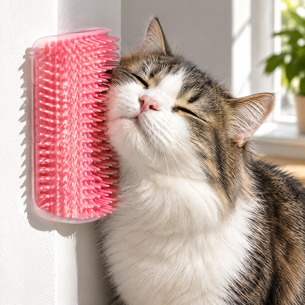 A close-up of a textured silicone cat self-grooming brush mounted on a white wall corner.