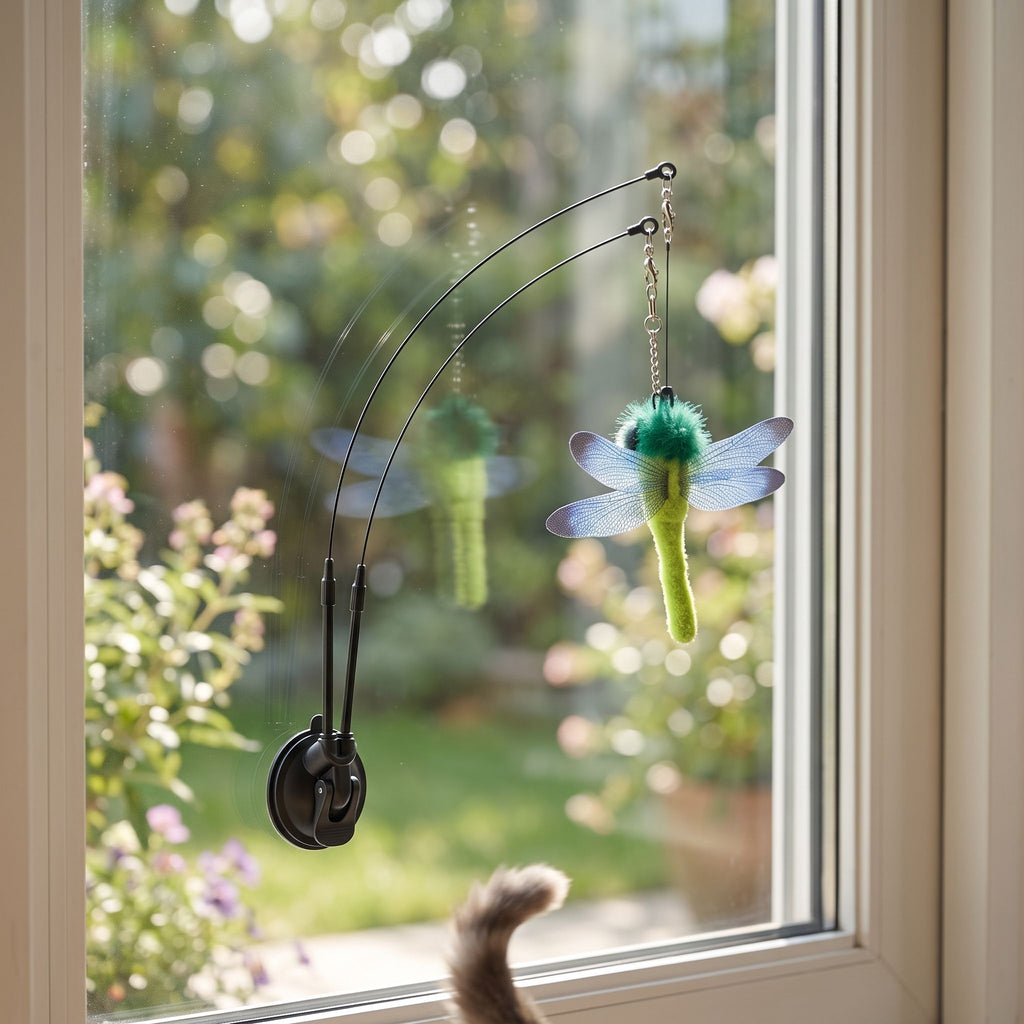 Small Cat Sucker Teaser Toy stuck to a kitchen window with blurred garden outside, illuminated by soft morning light.