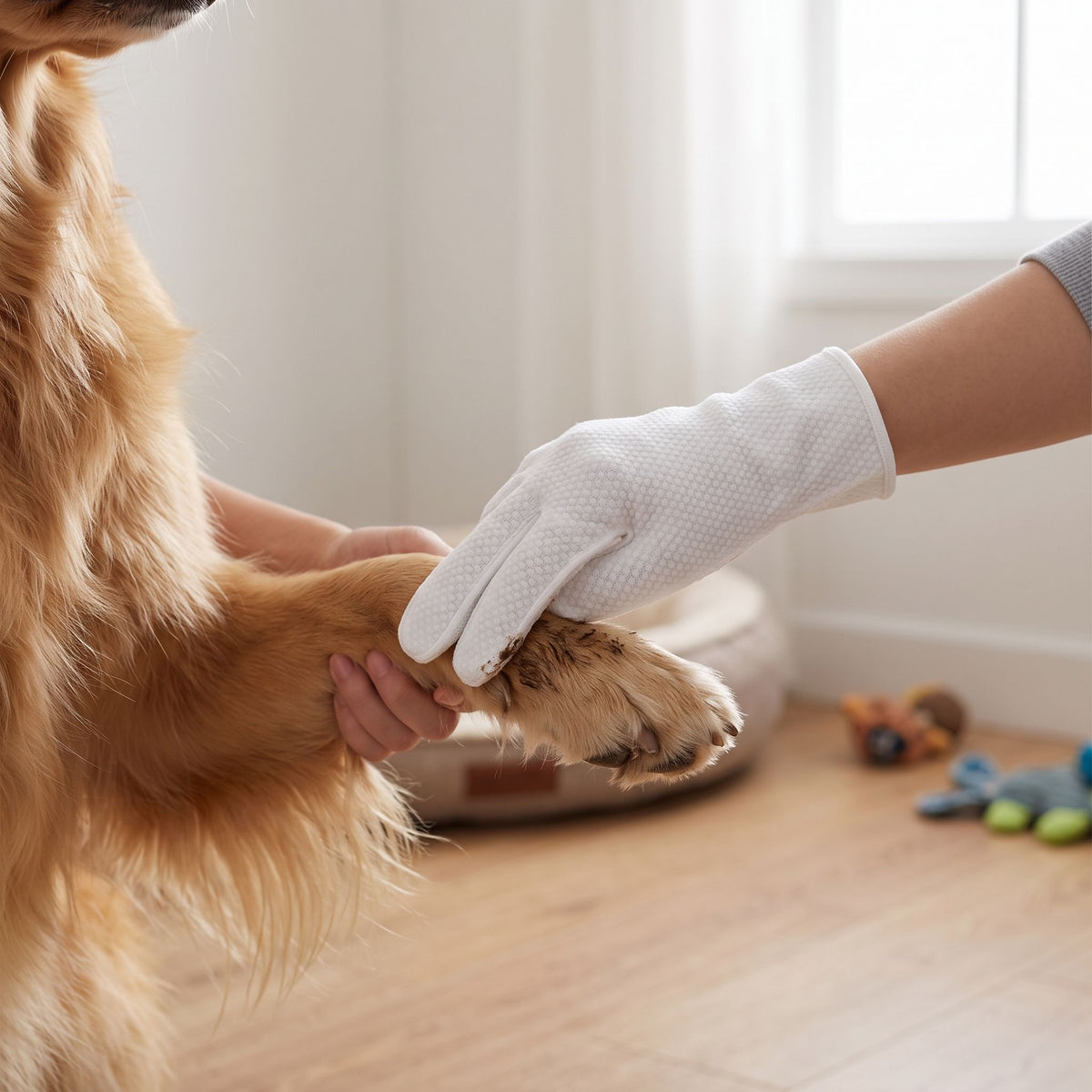 A close-up view of a disposable pet cleaning glove being used to wipe a dog's paw.