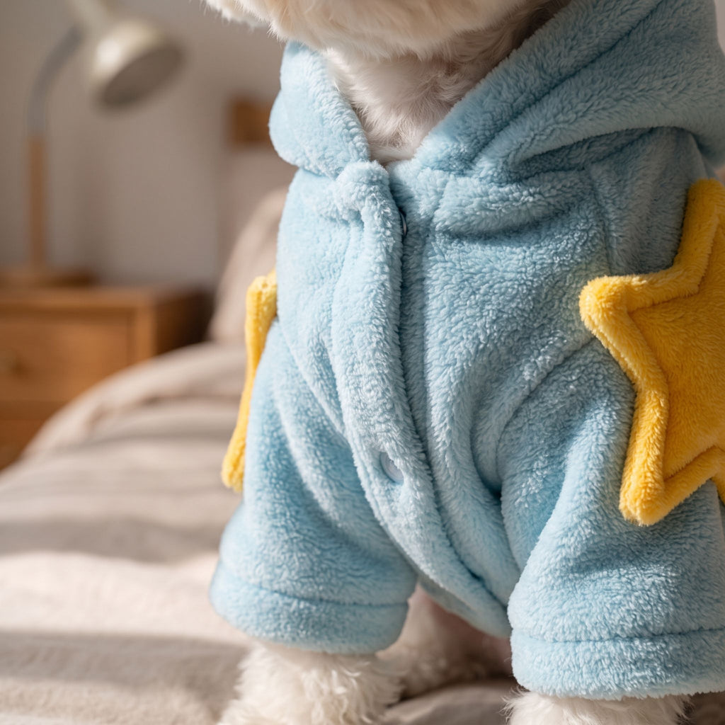 Close-up of small pet wearing thick blue flannel pet nightgown, focusing on button closure and fabric texture.