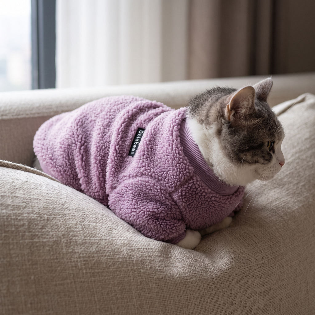 Close-up of a cat in a tricolor knit sweater resting on a textured linen sofa cushion.