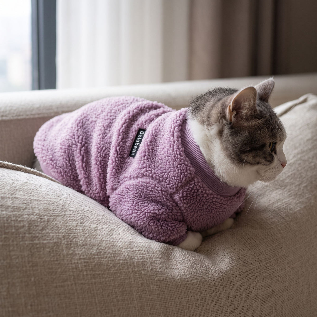 Close-up of a cat in a tricolor knit sweater resting on a textured linen sofa cushion.