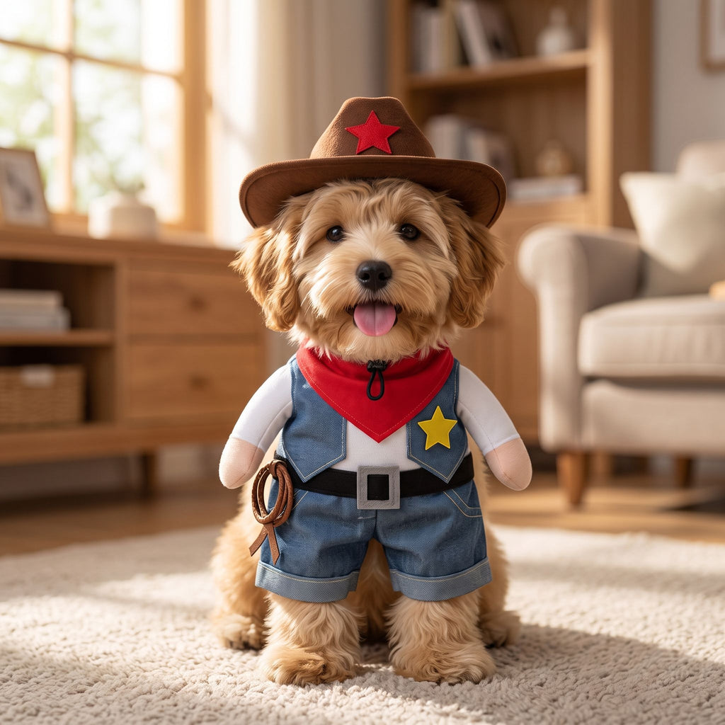 Close-up of denim pet costume on a sitting dog highlighting texture, stitching, and soft lining in cozy home setting.