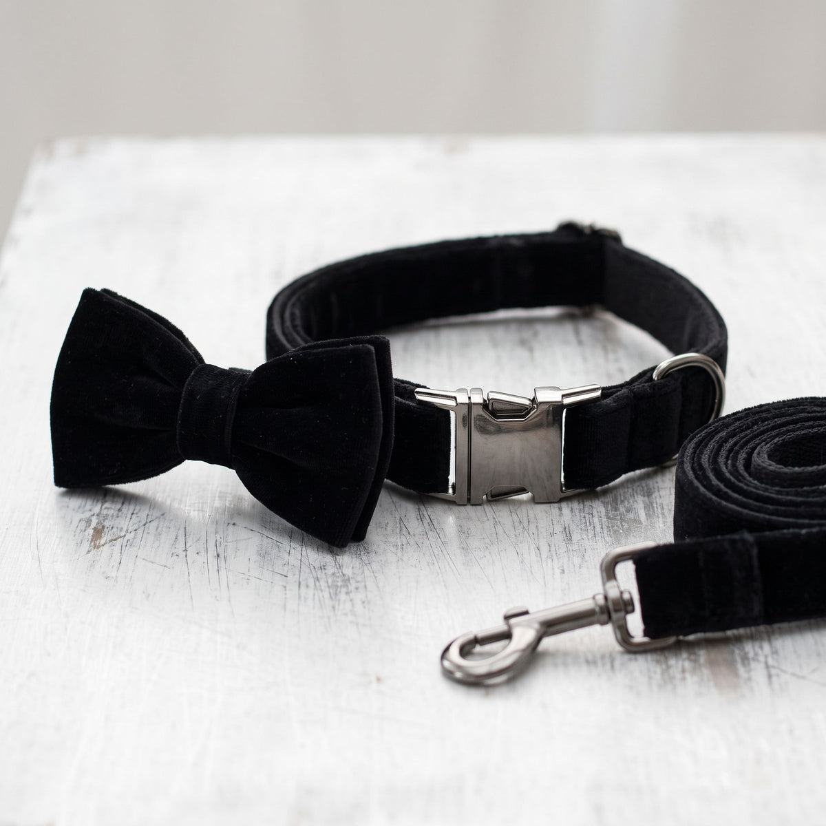 Close-up of black dog collar with bow tie, showcasing metal buckle and fabric details on white brushed metal background.