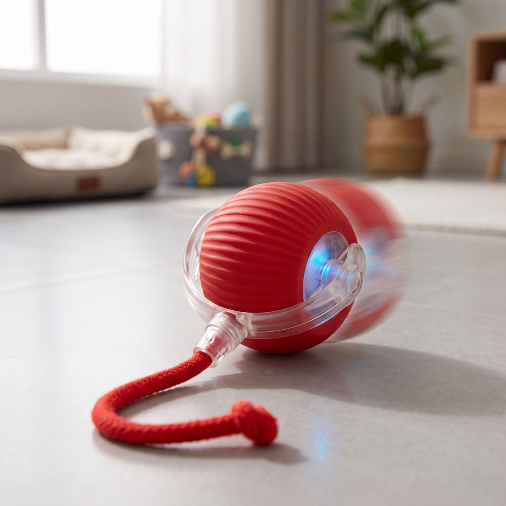 Close-up of the Smart Rolling Pet Ball mid-roll on a tile surface, showing motion and sensor details.