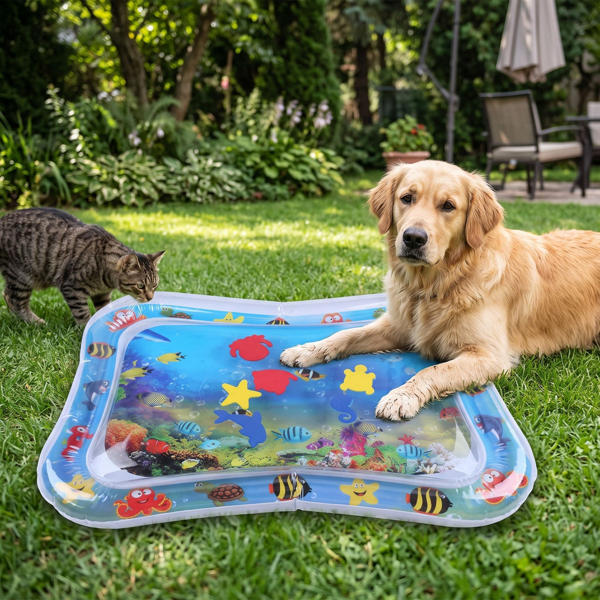 Close-up of inflatable water mat for pets showing textured surface and vibrant colors, set in a lush backyard.