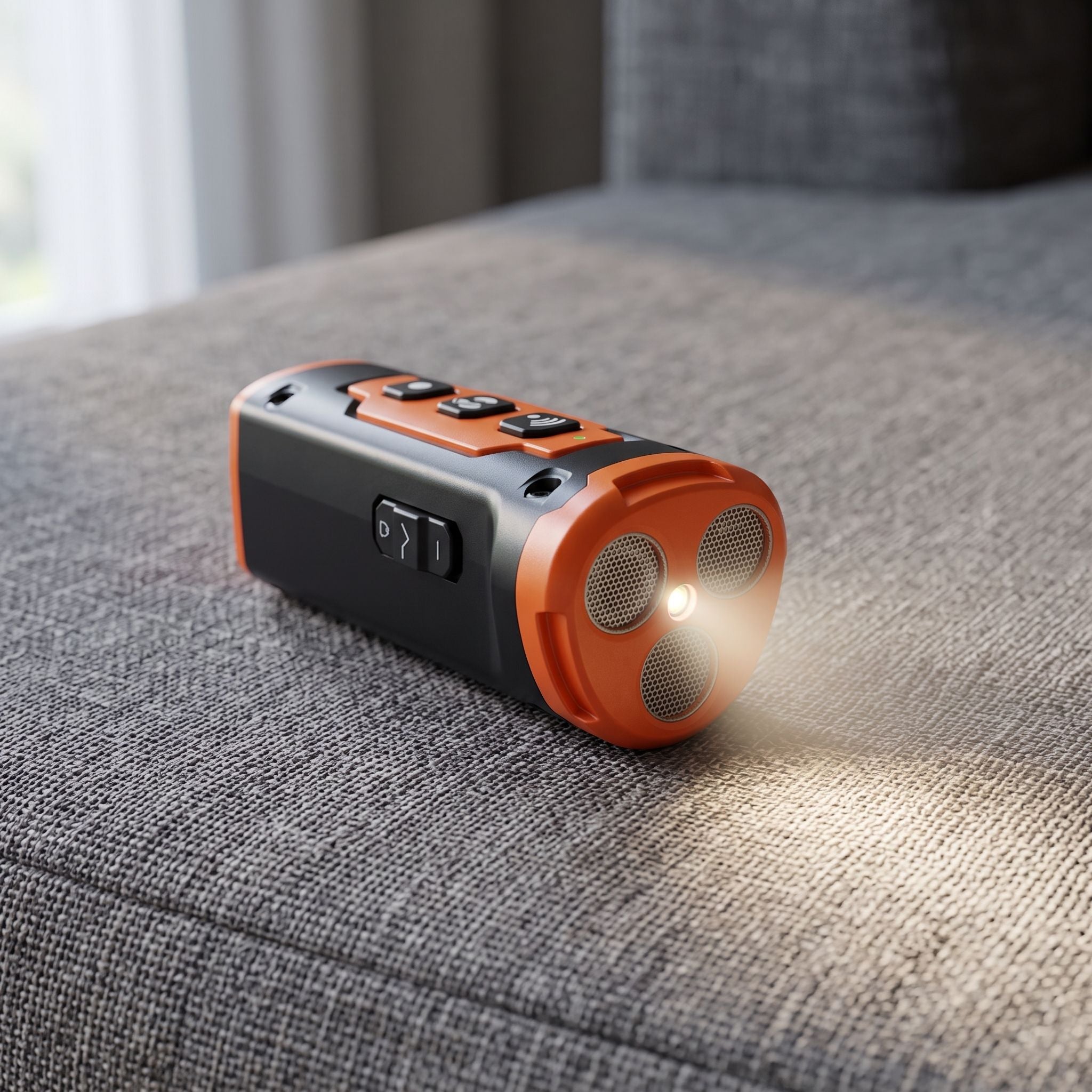 Close-up of small ultrasonic dog repeller on fabric with flashlight aimed at camera, highlighting material details and ergonomic design.