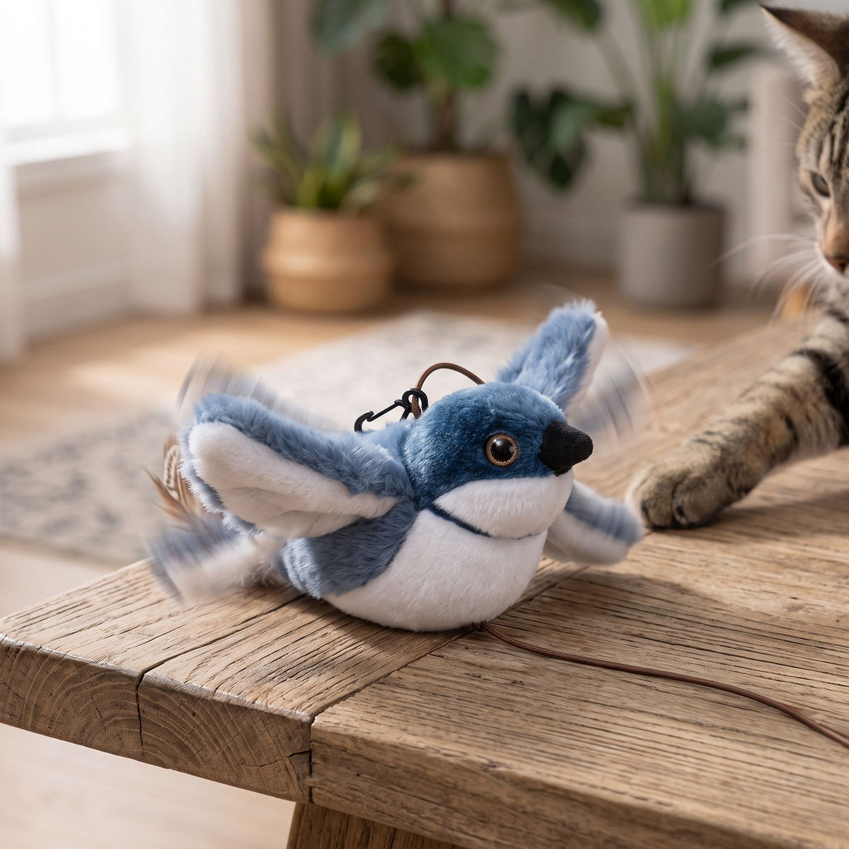 Close-up of small flapping bird cat toy showing lifelike wing detail on wooden surface in cozy indoor setting.