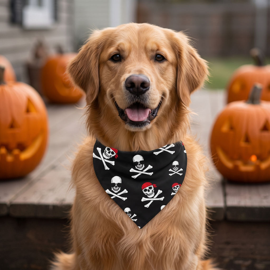 Close-up of a dog's neck showing the Halloween Skull Dog Scarf's soft material and detailed skull print.