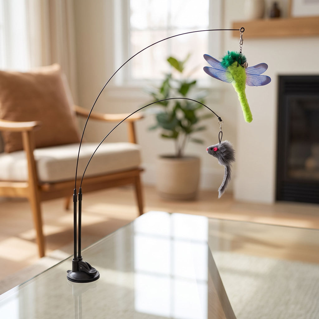 Close-up of the small Cat Sucker Teaser Toy with textured surface and strong suction cup attached to glass in a cozy living room.