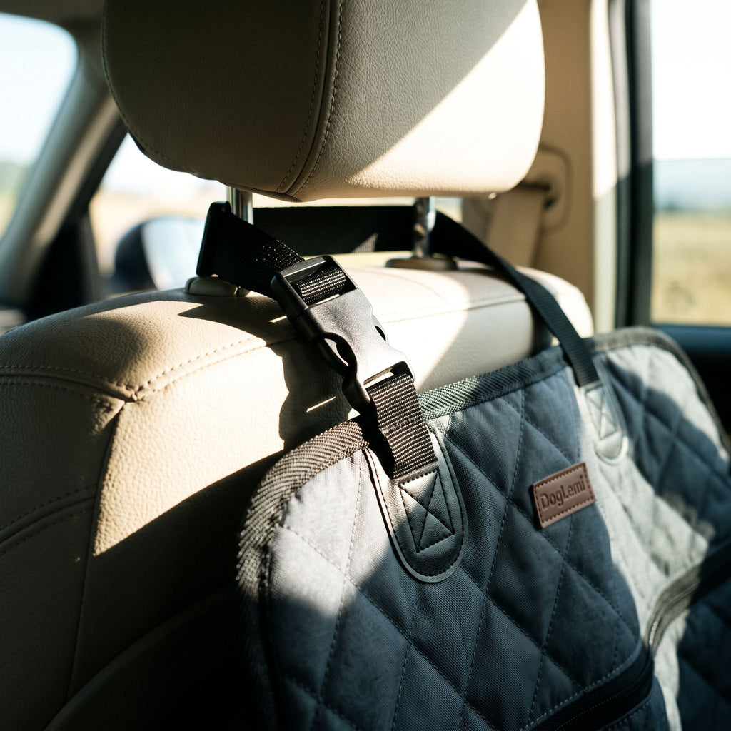 Close-up of strap mechanism and top of pet car bed connecting to vehicle headrest under sunlight.