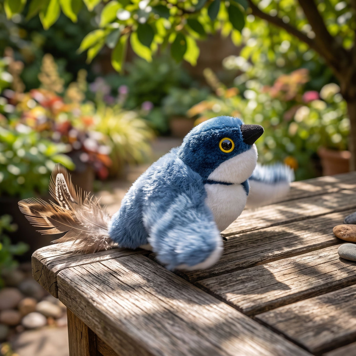 Close-up of flapping bird on outdoor patio table with sunlight, detailed pet-safe textured material against garden background.