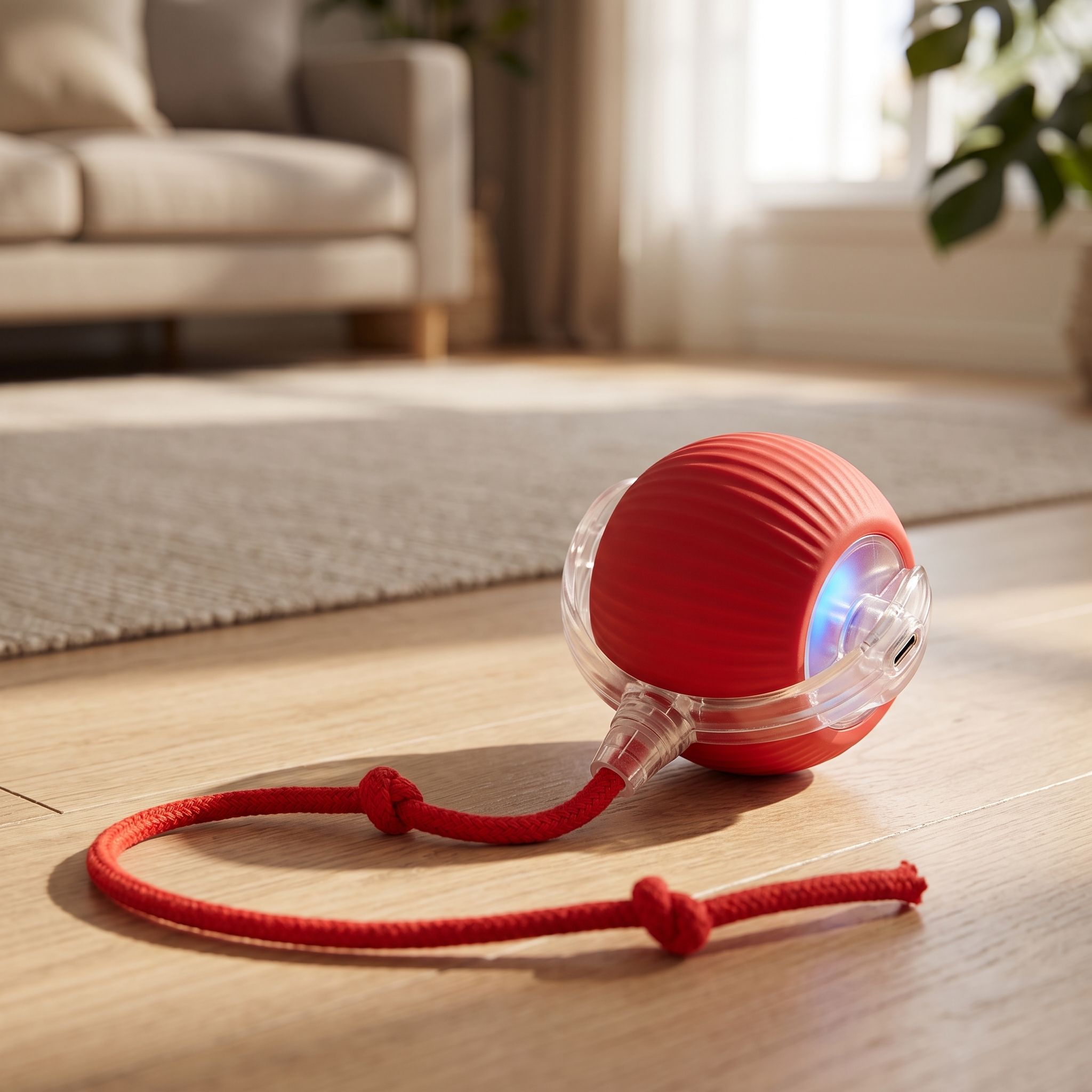 Close-up of the textured surface and sensor details of the Smart Rolling Pet Ball on a wooden pet area.