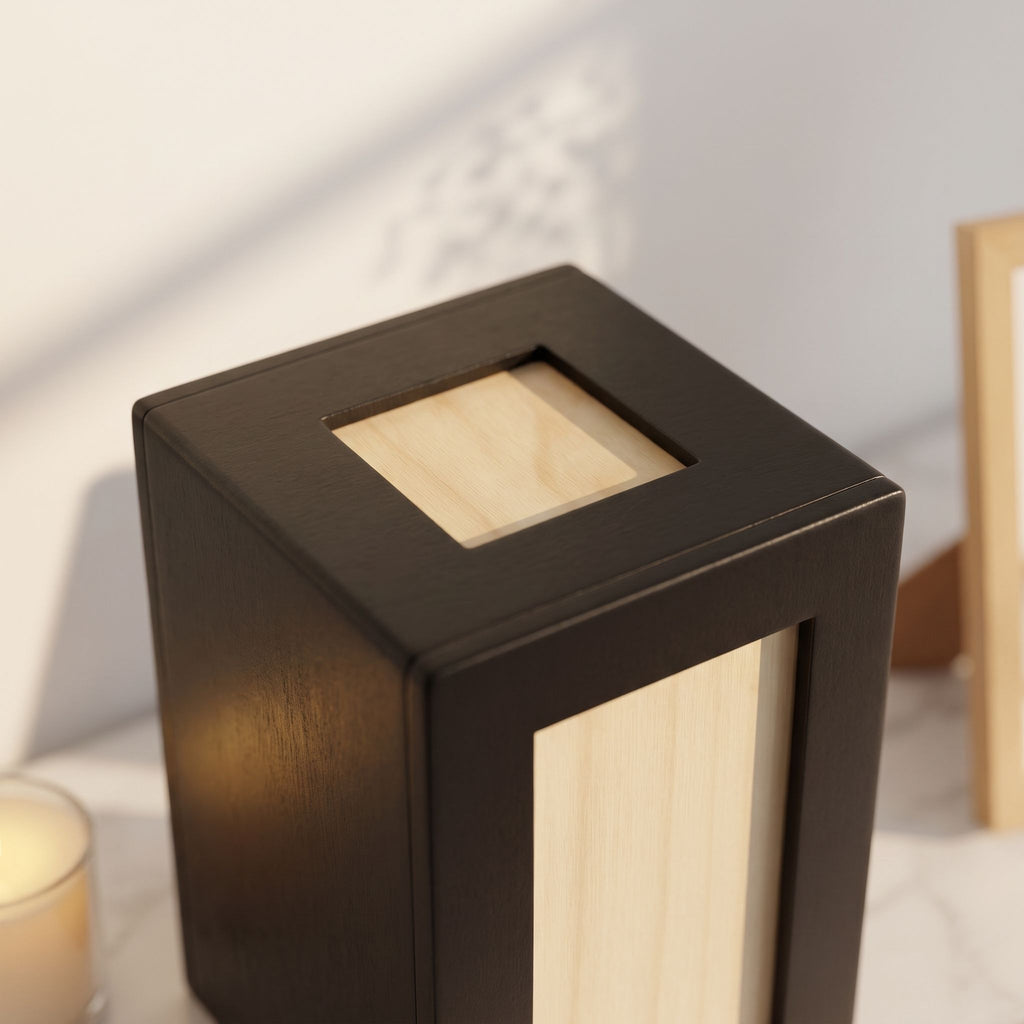 Close-up of the urn’s smooth top surface showing natural wood grain and black polish, highlighting craftsmanship and subtle sheen.