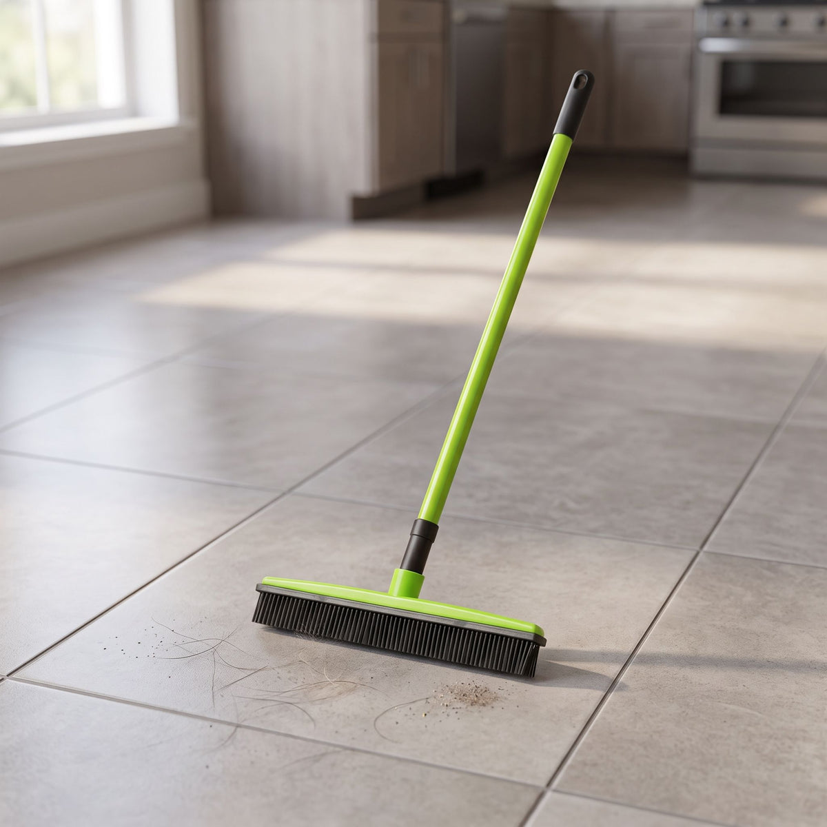 Full view of small pet hair removal broom mop on a tiled kitchen floor with natural daylight, showing efficient fur collection.