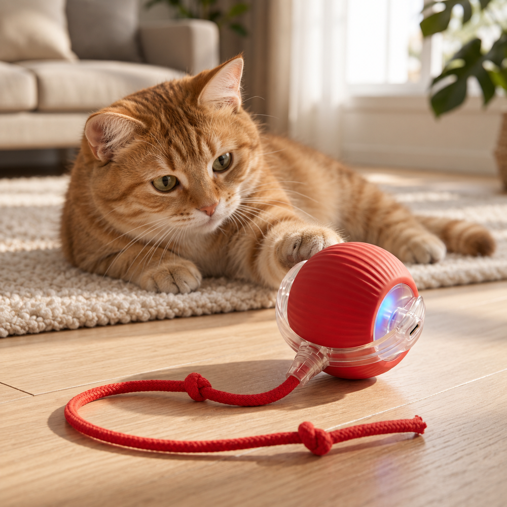 Ginger tabby cat gently playing with the red Smart Rolling Pet Ball with Rope in a warm home