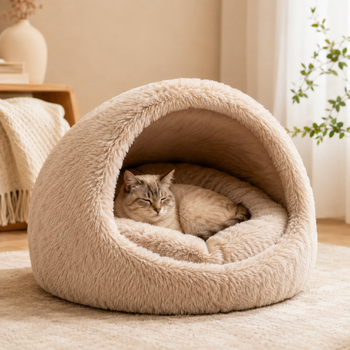 Cozy Nest Semi-Enclosed Pet Bed with sleeping cat