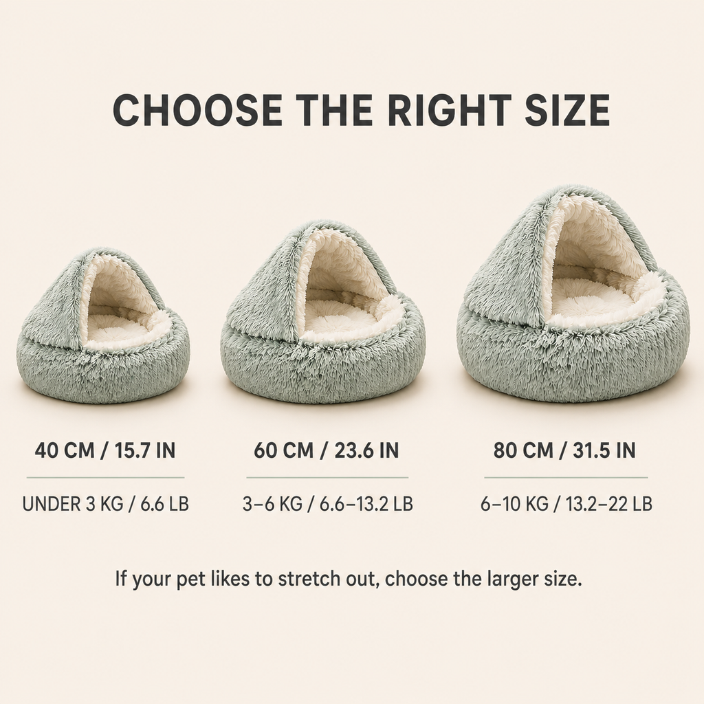 Cozy Nest pet bed size guide for 40, 60 and 80 cm