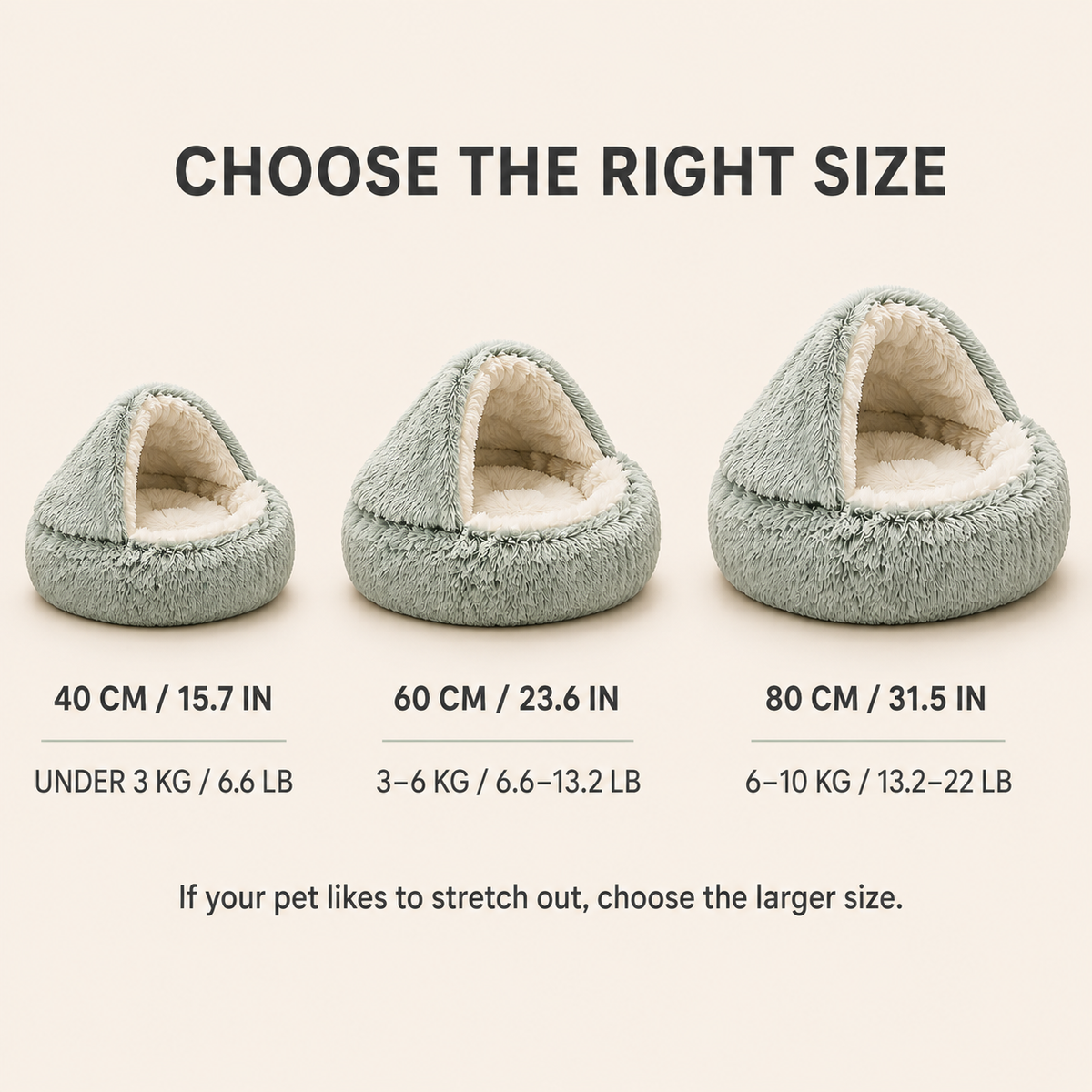Cozy Nest pet bed size guide for 40, 60 and 80 cm
