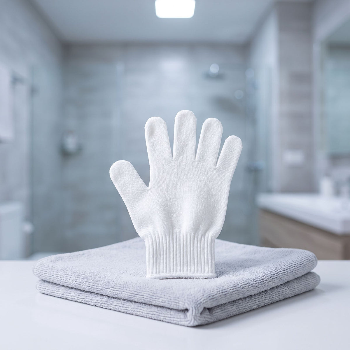 A white disposable pet cleaning glove resting on a folded microfiber towel in a bathroom.