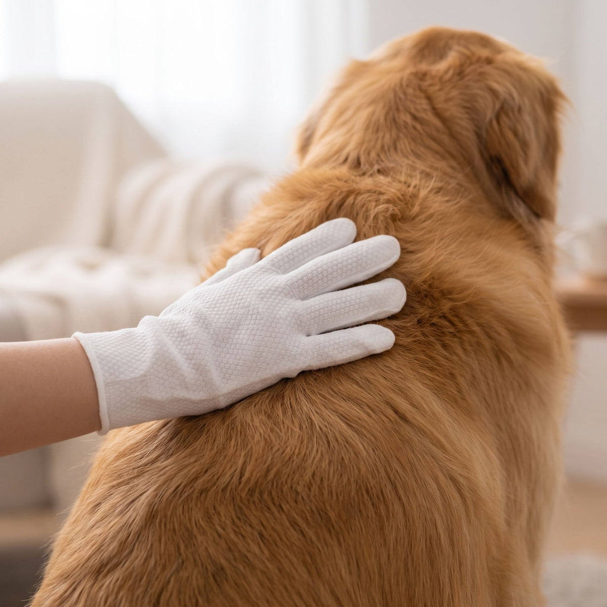 Close-up of a disposable pet cleaning glove gently grooming the soft fur on a dog's back.