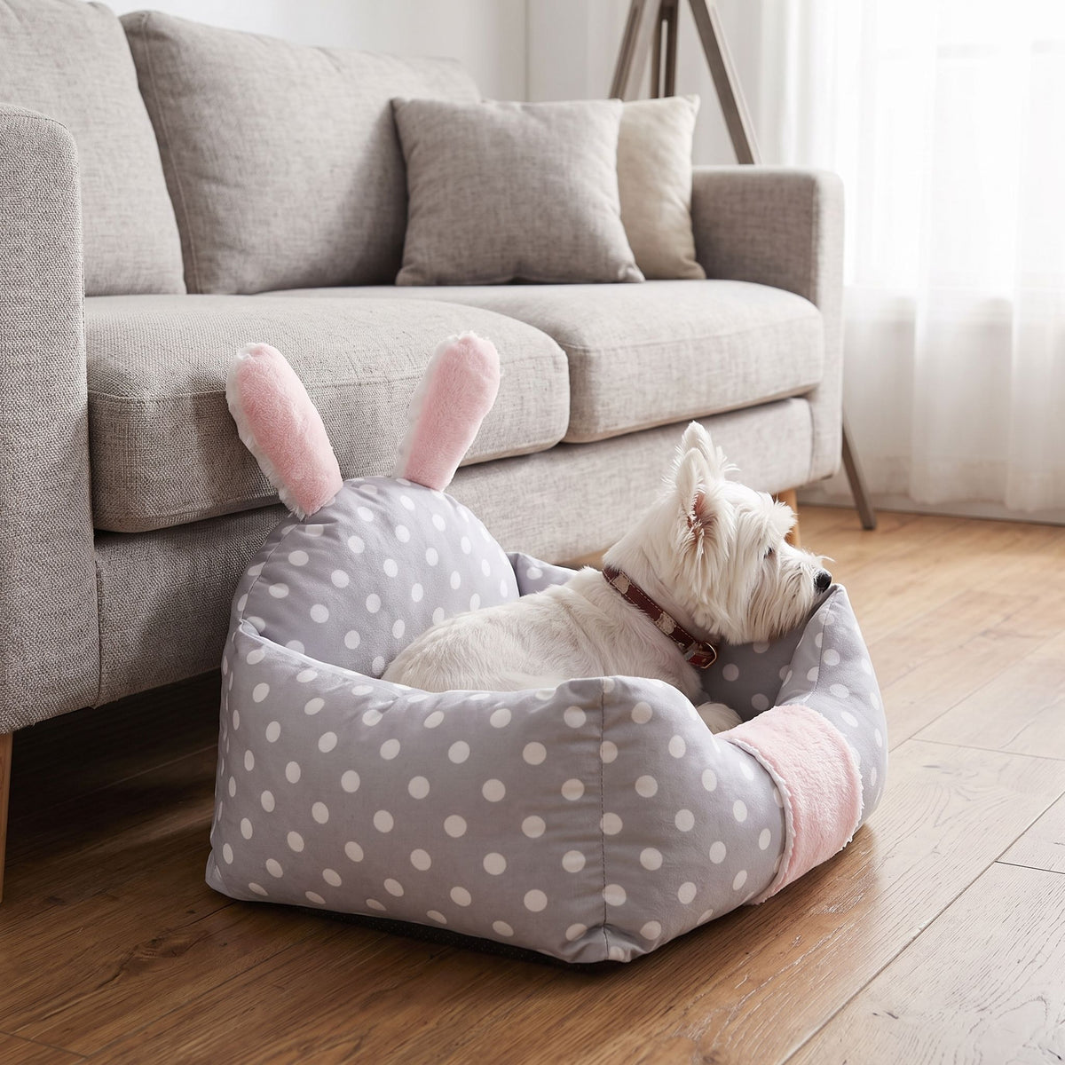 Dog bed nestled beside a light grey fabric sofa in a modern living space, with soft side daylight emphasizing its rounded shape.