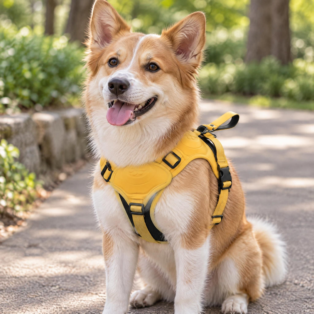 Dog wearing an adjustable harness with reflective strap weave sitting on a concrete walkway.