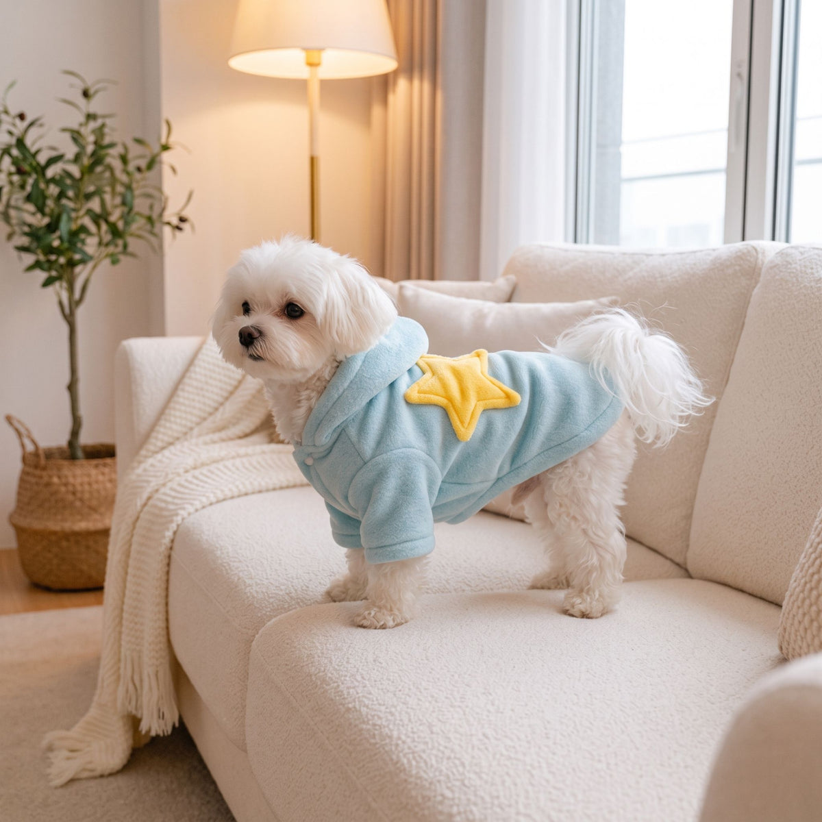 Small dog wearing light blue flannel pet nightgown with yellow star, standing on a white sofa in a bright living room.