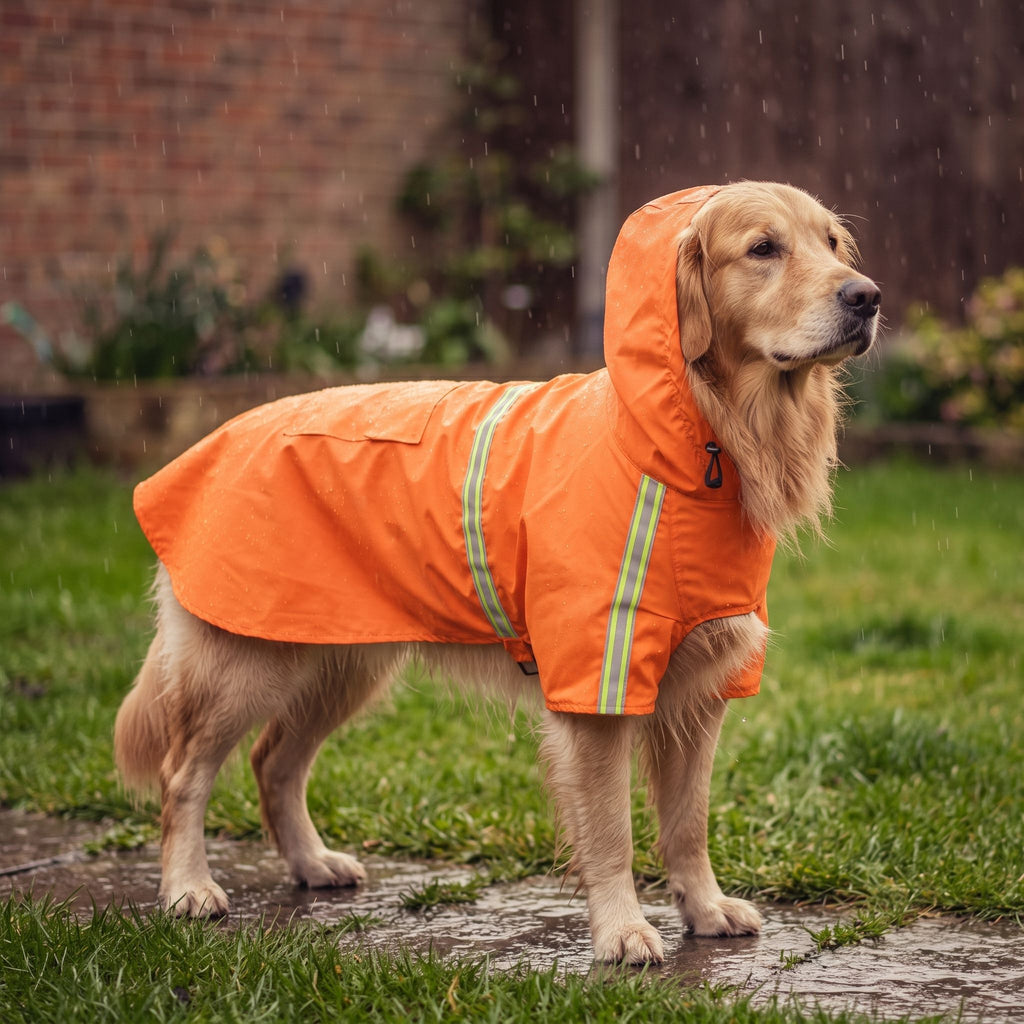 Dog wearing blue pet shower jacket in backyard during overcast day with grass and pathway.