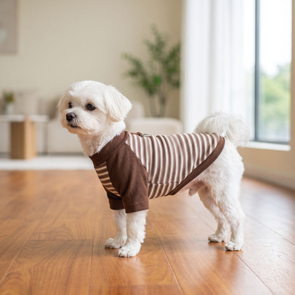 Small dog standing on hardwood floor wearing brown-striped lightweight summer outfit in bright interior.