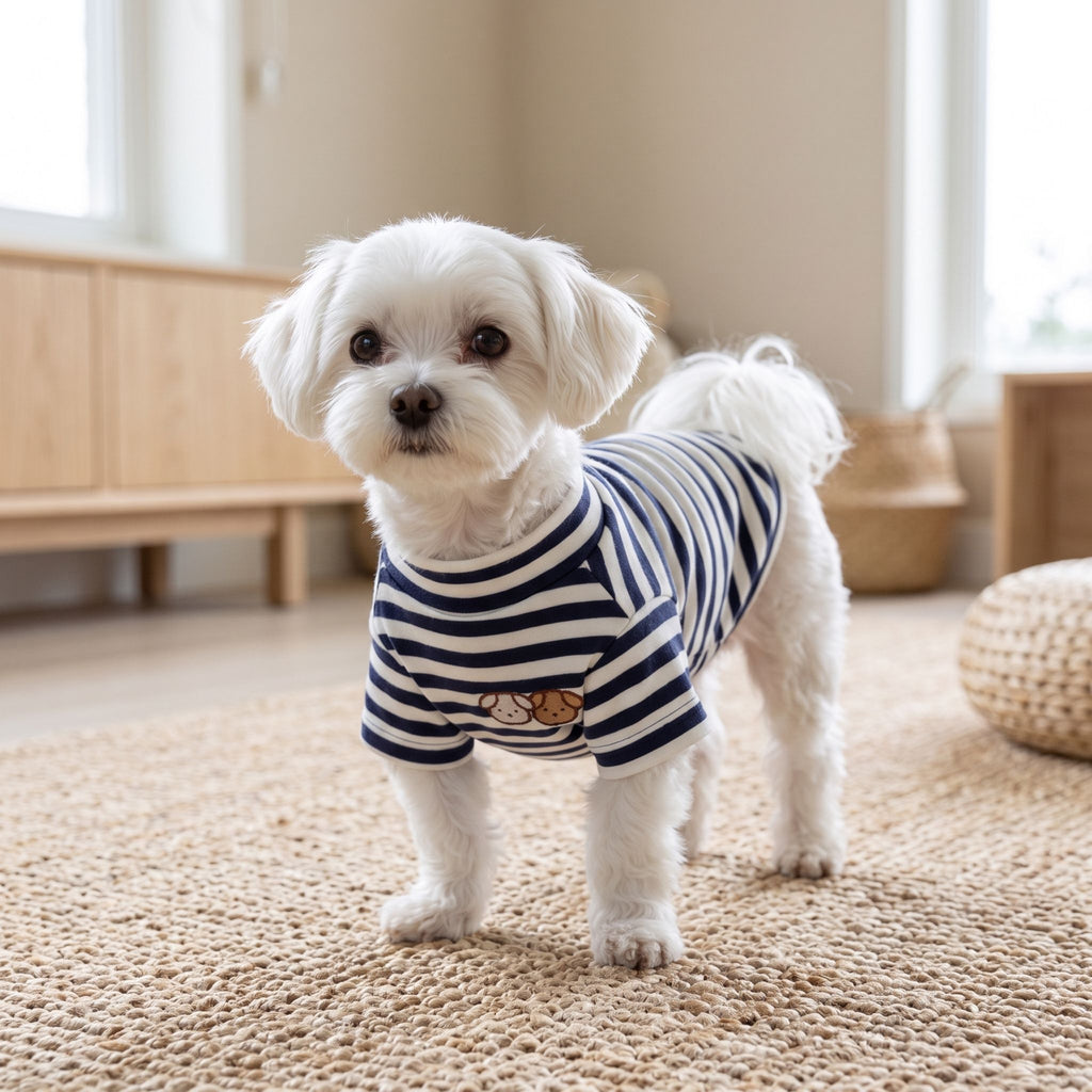 Small dog model in brown-striped lightweight summer shirt standing on textured sisal rug indoors.