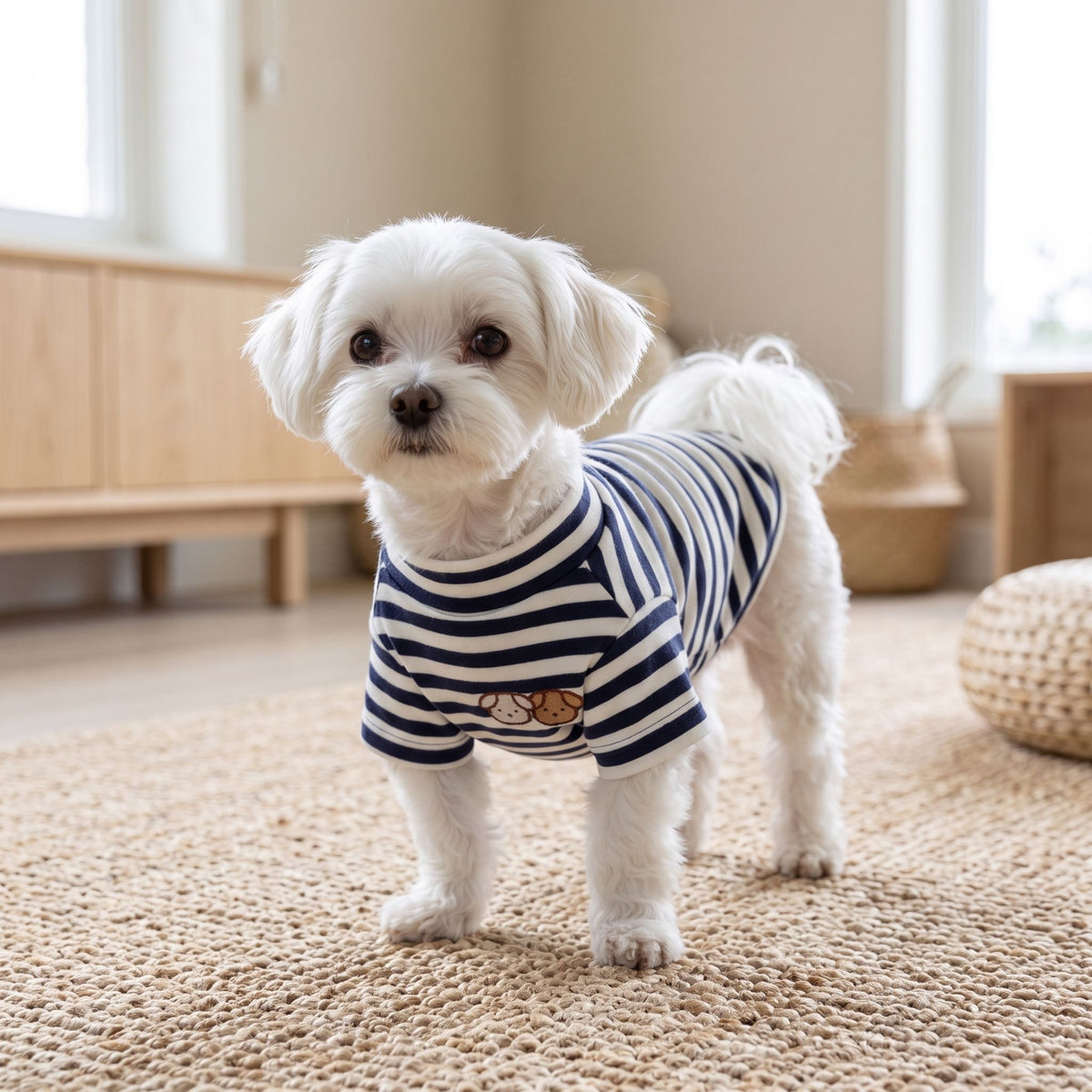 Small dog model in brown-striped lightweight summer shirt standing on textured sisal rug indoors.