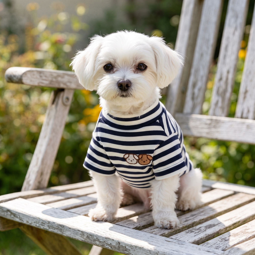 Small dog in navy and white striped lightweight outfit sitting on weathered wooden garden chair.