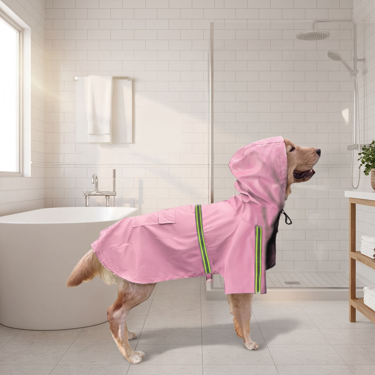 Dog in pink pet shower jacket standing near shower stall with soft shadows and modern bathroom setting.