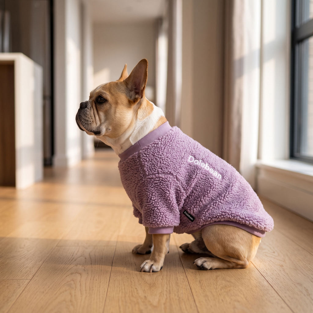 Medium-sized dog wearing thickened tricolor knit sweater in a modern apartment hallway.