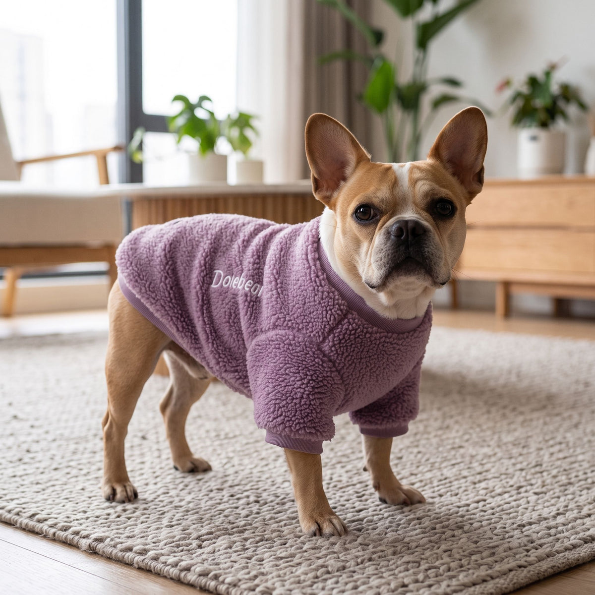 Dog wearing a tricolor knit sweater standing on a wool rug in a modern living room, eye-level view.