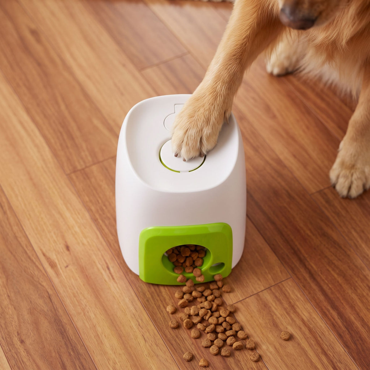 Dog paw pressing down on an interactive baseball treat dispenser to release snacks during playtime.