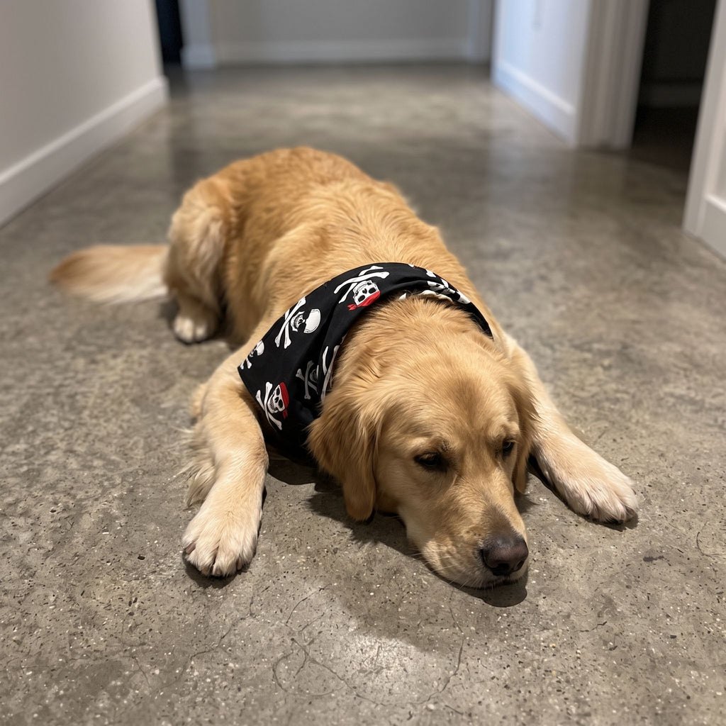 Dog lying on a grey concrete floor wearing the Halloween Skull Dog Scarf showing lightweight and soft fabric.