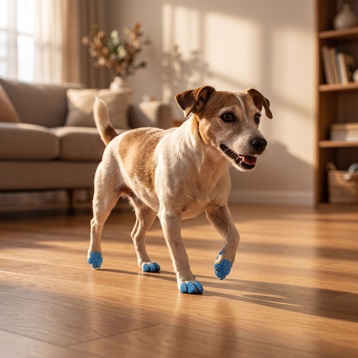 Small dog walking over hardwood floors with visible anti-slip pads on its paws.